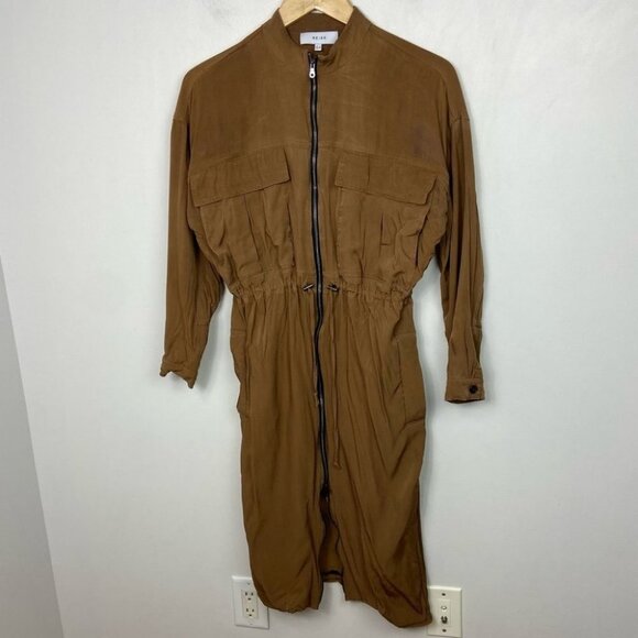 Reiss Zipper Shirt Dress Brown Long Sleeve Sylvie Size 4 Midi Brown Utility Boho - Picture 14 of 14
